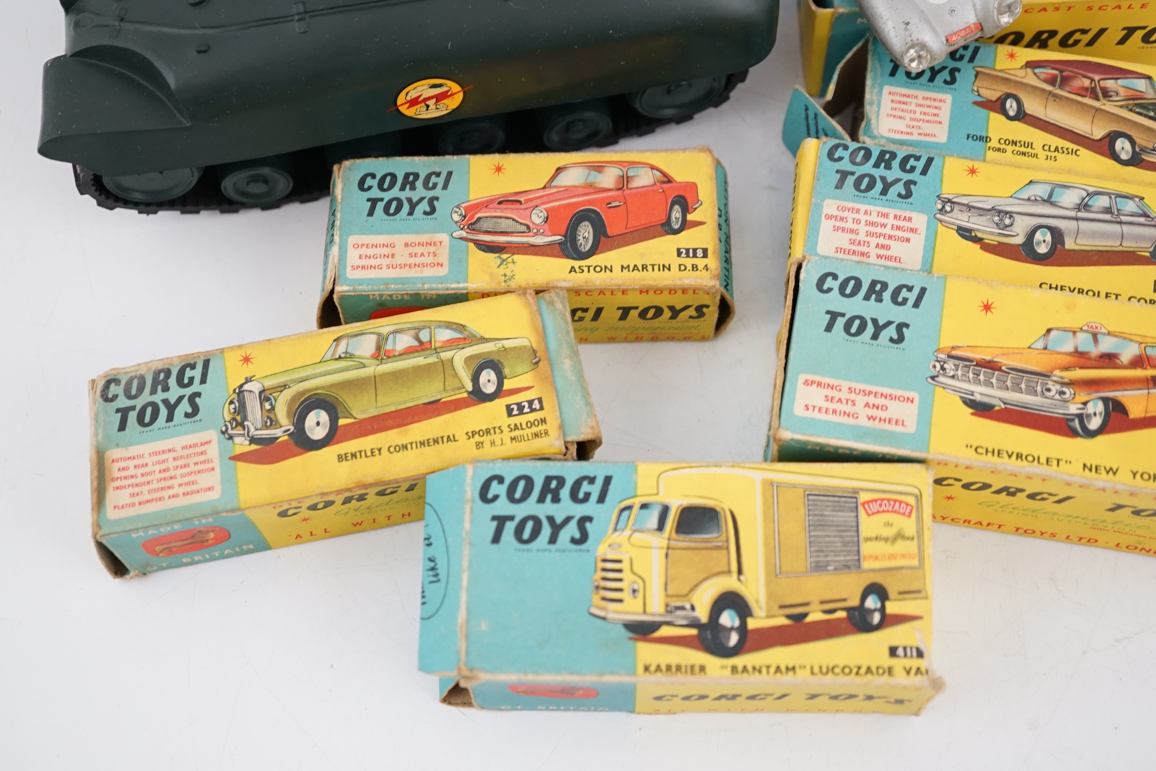 Seven boxed Corgi Toys and a Tri-ang M116 Sherman Tank, Corgi including